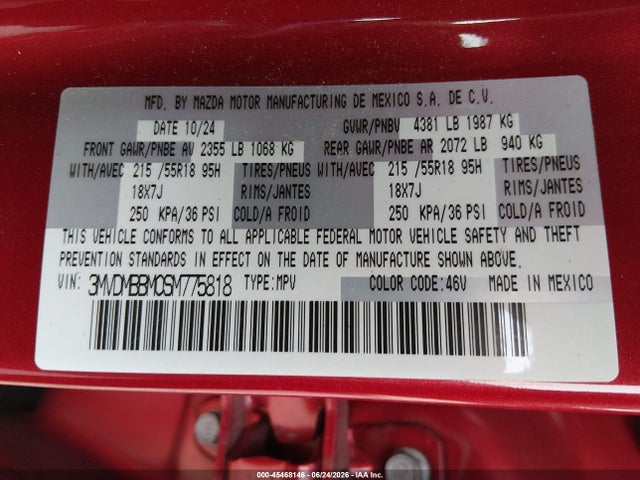 45468146 :رقم المزاد ، 3MVDMBBM0SM775818 vin ، 2025 Mazda Cx-30 2.5 S Select Sport مزاد بيع