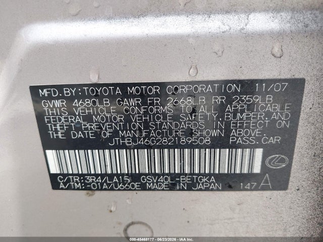 2008 Lexus Es 350 მანქანა იყიდება აუქციონზე, vin: JTHBJ46G282189508, აუქციონის ნომერი: 45468177