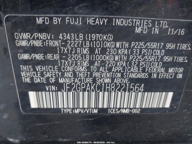 Продаж на аукціоні авто 2017 Subaru Crosstrek 2.0i Limited, vin: JF2GPAKC1H8221564, номер лоту: 45468178