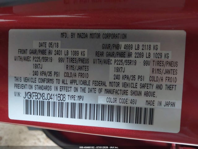45468182 :رقم المزاد ، JM3KFBCM8J0411608 vin ، 2018 Mazda Cx-5 Touring مزاد بيع