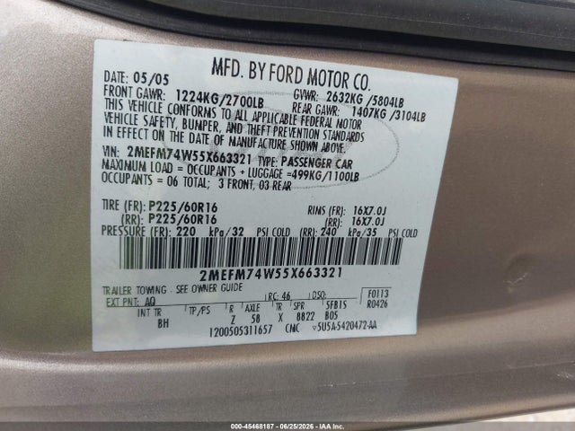 45468187 :رقم المزاد ، 2MEFM74W55X663321 vin ، 2005 Mercury Grand Marquis Gs مزاد بيع