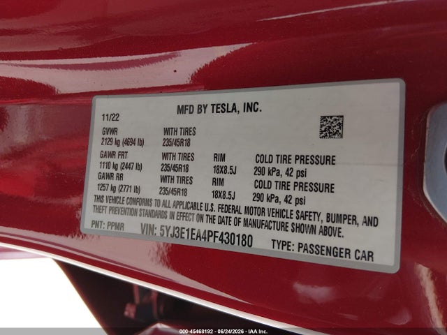 45468192 :رقم المزاد ، 5YJ3E1EA4PF430180 vin ، 2023 Tesla Model 3 Rear-wheel Drive مزاد بيع
