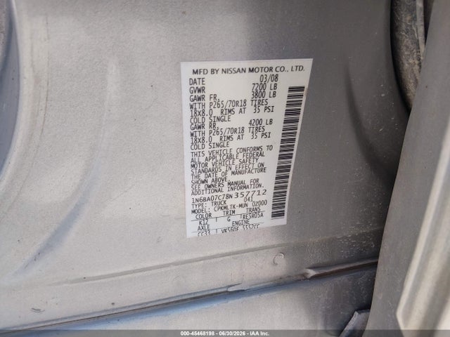 45468198 :رقم المزاد ، 1N6BA07C78N357712 vin ، 2008 Nissan Titan Xe مزاد بيع