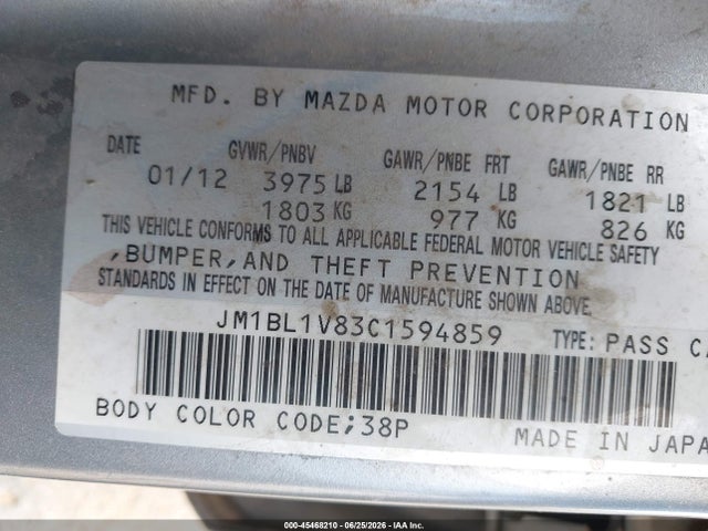 Aukcja sprzedaży 2012 Mazda Mazda3 I Touring, vin: JM1BL1V83C1594859, numer aukcji: 45468210