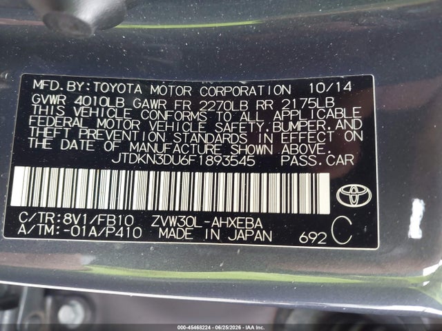 Toyota Prius Two 2015 JTDKN3DU6F1893545 Image 9