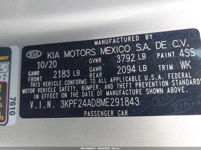 45468231 :رقم المزاد ، 3KPF24AD8ME291843 vin ، 2021 Kia Forte Lxs مزاد بيع