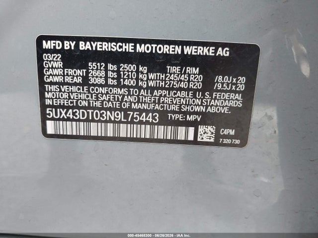 Продаж на аукціоні авто 2022 Bmw X4 M40i, vin: 5UX43DT03N9L75443, номер лоту: 45468300