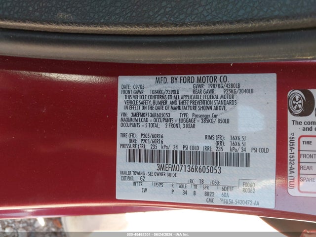 Продаж на аукціоні авто 2006 Mercury Milan V6, vin: 3MEFM07136R605053, номер лоту: 45468301