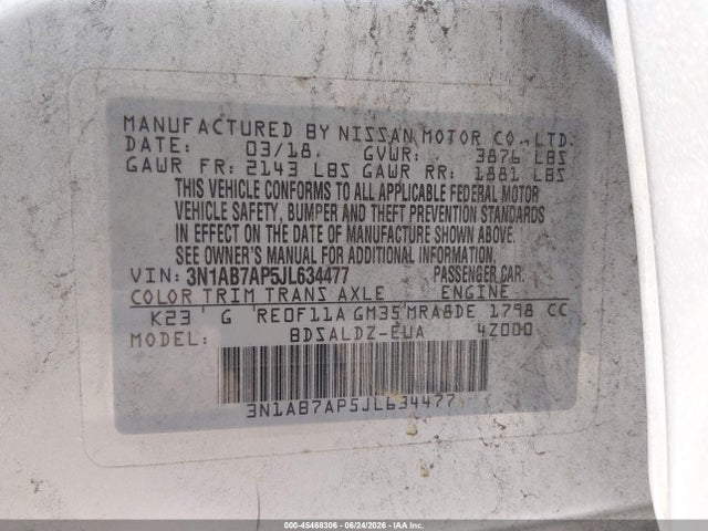 3N1AB7AP5JL634477 Nissan SENTRA SV