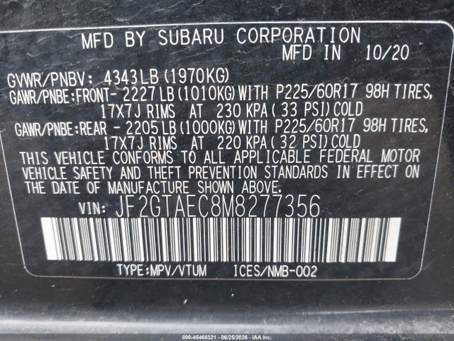 Aukcja sprzedaży 2021 Subaru Crosstrek Premium, vin: JF2GTAEC8M8277356, numer aukcji: 45468321