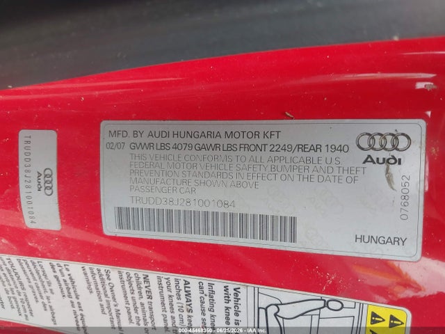 Продажа на аукционе авто 2008 Audi Tt 3.2, vin: TRUDD38J281001084, номер лота: 45468350