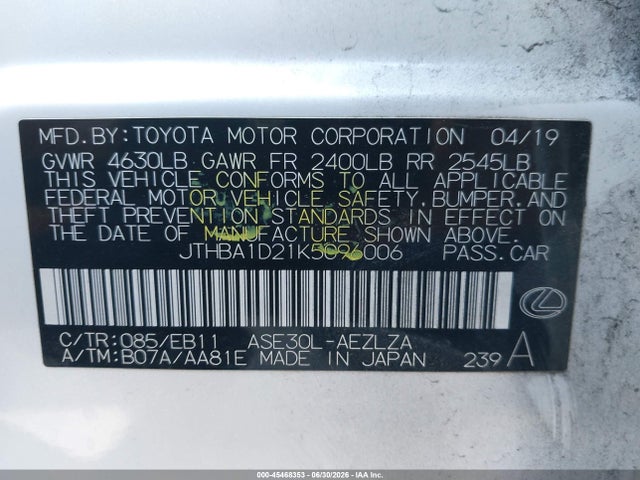 45468353 :رقم المزاد ، JTHBA1D21K5096006 vin ، 2019 Lexus Is 300 مزاد بيع