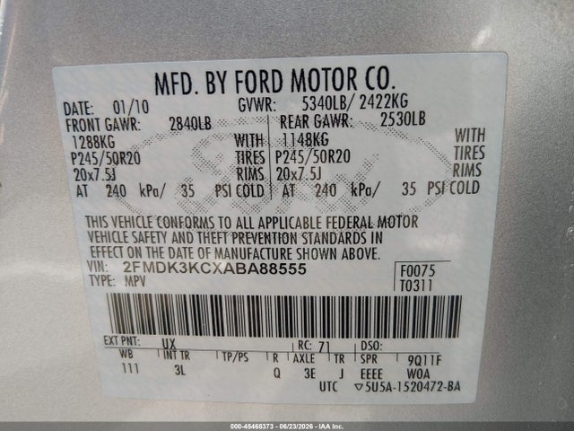 Auction sale of the 2010 Ford Edge Limited, vin: 2FMDK3KCXABA88555, lot number: 45468373