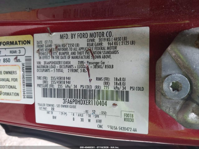 Продажа на аукционе авто 2014 Ford Fusion Se, vin: 3FA6P0HDXER110404, номер лота: 45468381