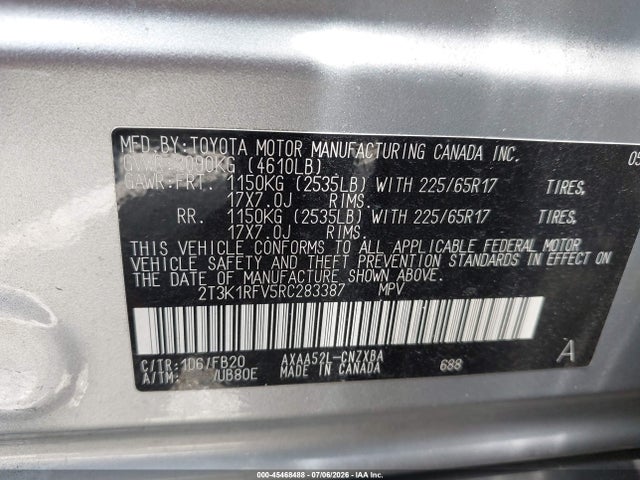 45468488 :رقم المزاد ، 2T3K1RFV5RC283387 vin ، 2024 Toyota Rav4 Le مزاد بيع