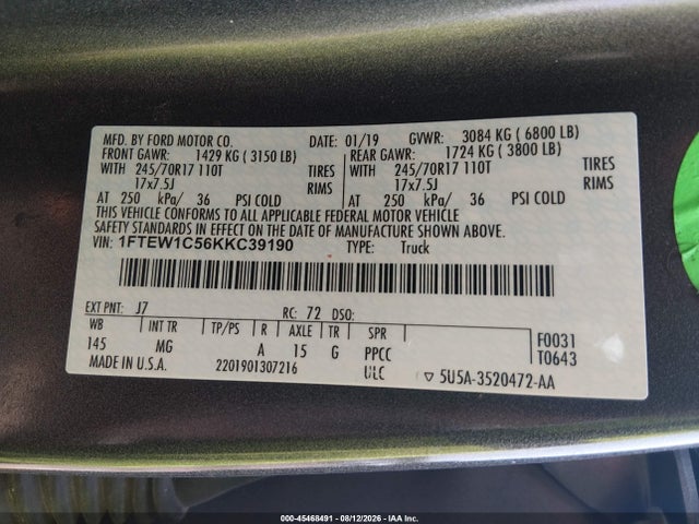 Aukcja sprzedaży 2019 Ford F-150 Xlt, vin: 1FTEW1C56KKC39190, numer aukcji: 45468491