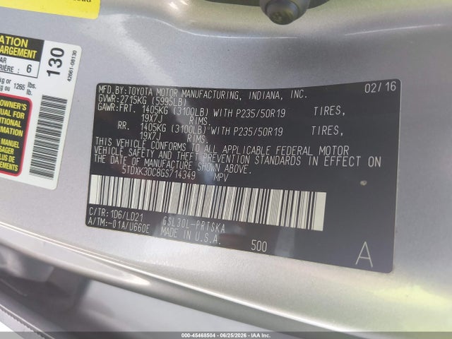 5TDXK3DC8GS714349 Toyota Sienna Se 8 Passenger
