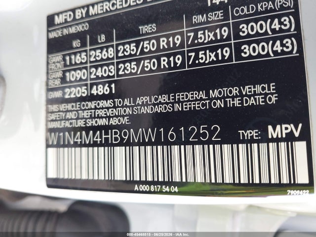 Aukcja sprzedaży 2021 Mercedes-benz Glb 250 4matic, vin: W1N4M4HB9MW161252, numer aukcji: 45468515