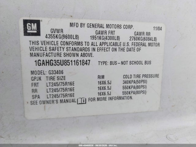 Auction sale of the 2005 Chevrolet Express Passenger, vin: 1GAHG35U851161847, lot number: 45468538