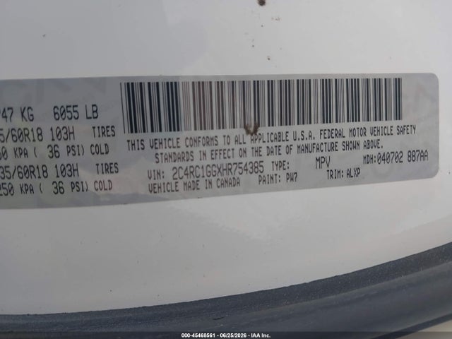 45468561 :رقم المزاد ، 2C4RC1GGXHR754385 vin ، 2017 Chrysler Pacifica Limited مزاد بيع