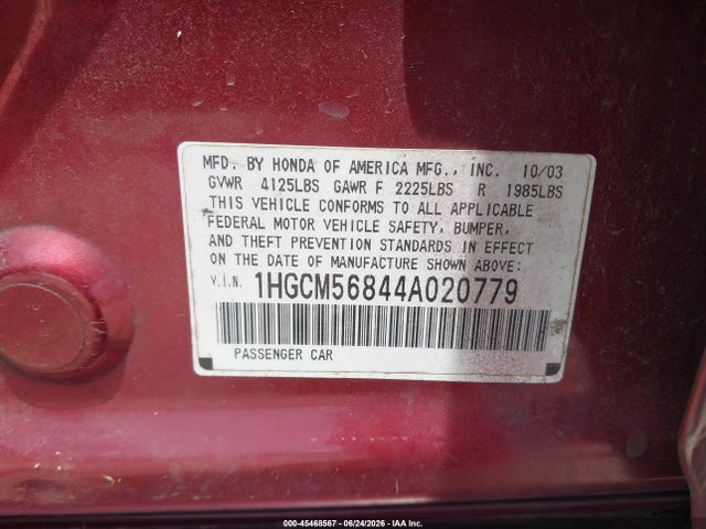 Aukcja sprzedaży 2004 Honda Accord 2.4 Ex, vin: 1HGCM56844A020779, numer aukcji: 45468567