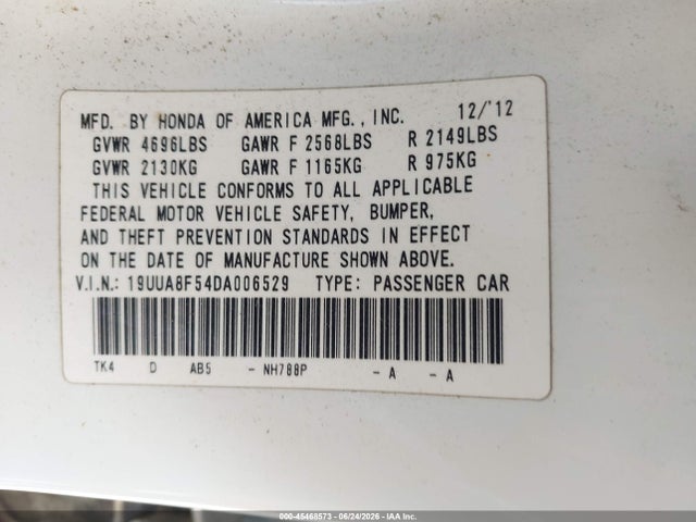 Aukcja sprzedaży 2013 Acura Tl 3.5, vin: 19UUA8F54DA006529, numer aukcji: 45468573