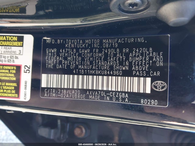 2019 Toyota Camry Xle მანქანა იყიდება აუქციონზე, vin: 4T1B11HK8KU844960, აუქციონის ნომერი: 45468580