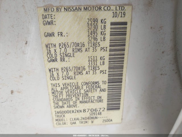 Nissan Frontier Sv 2019 1N6DD0ER2KN870672 Image 9
