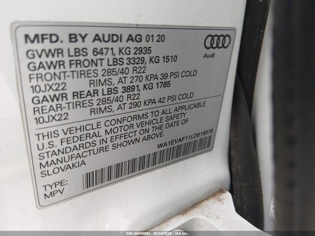 45468594 :رقم المزاد ، WA1EVAF11LD016079 vin ، 2020 Audi Q8 Premium Plus 55 Tfsi Quattro Tiptronic مزاد بيع