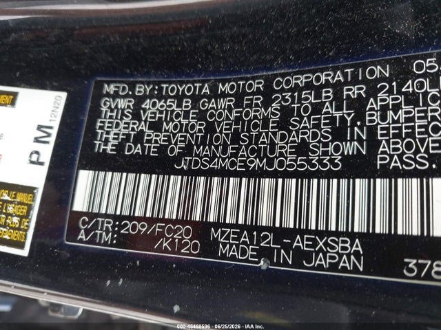 45468596 :رقم المزاد ، JTDS4MCE9MJ055333 vin ، 2021 Toyota Corolla Se مزاد بيع