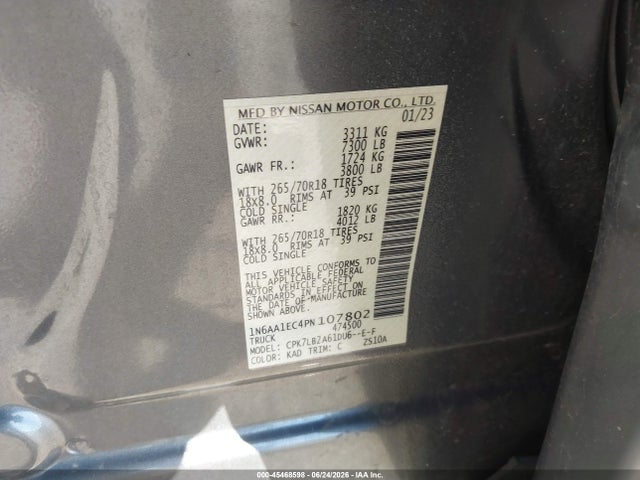 Продаж на аукціоні авто 2023 Nissan Titan Sv 4x4, vin: 1N6AA1EC4PN107802, номер лоту: 45468598