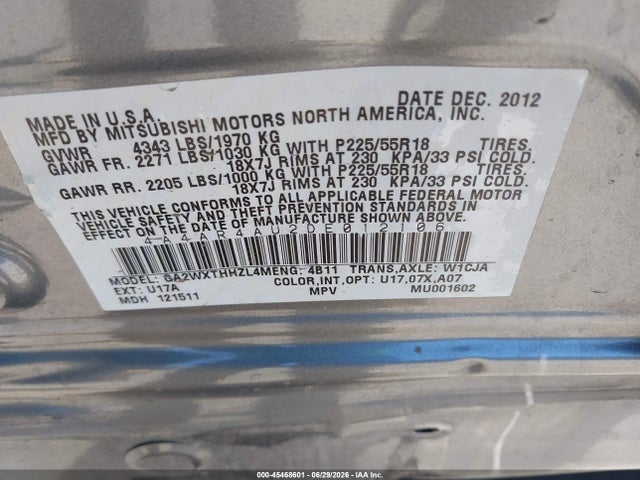 Продаж на аукціоні авто 2013 Mitsubishi Outlander Sport Se, vin: 4A4AR4AU2DE012106, номер лоту: 45468601