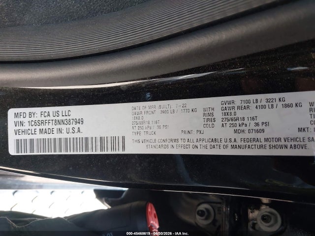 2022 Ram 1500 Big Horn  4x4 5'7 Box მანქანა იყიდება აუქციონზე, vin: 1C6SRFFT8NN387949, აუქციონის ნომერი: 45468619
