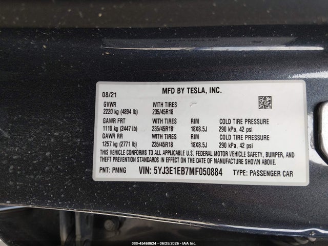 2021 Tesla Model 3 Long Range Dual Motor All-wheel Drive მანქანა იყიდება აუქციონზე, vin: 5YJ3E1EB7MF050884, აუქციონის ნომერი: 45468624