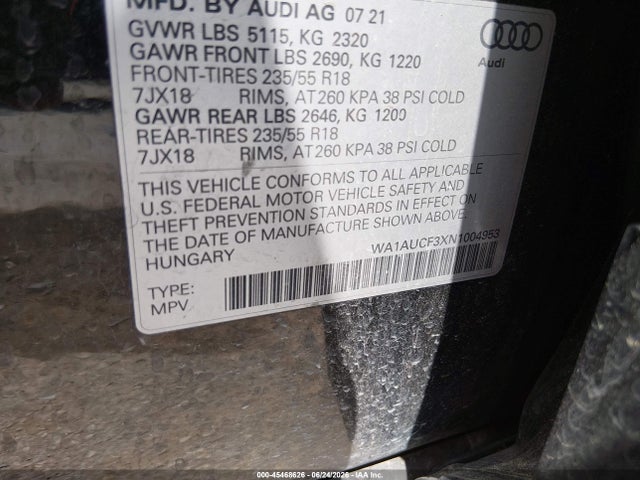 Продажа на аукционе авто 2022 Audi Q3 Premium 40 Tfsi Quattro Tiptronic, vin: WA1AUCF3XN1004953, номер лота: 45468626