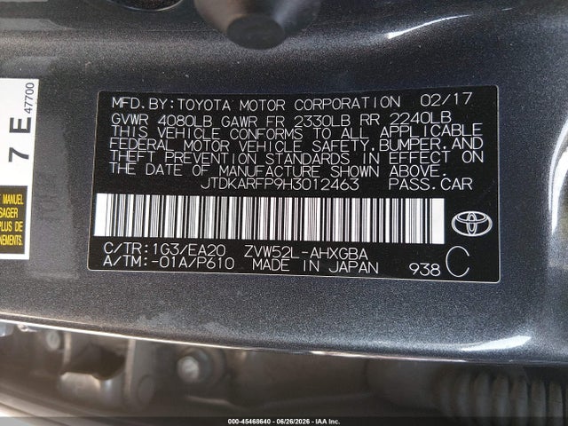 Aukcja sprzedaży 2017 Toyota Prius Prime Premium, vin: JTDKARFP9H3012463, numer aukcji: 45468640