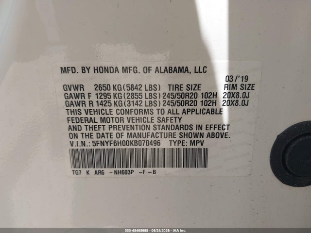 Honda Pilot Elite 2019 5FNYF6H00KB070496 Image 9