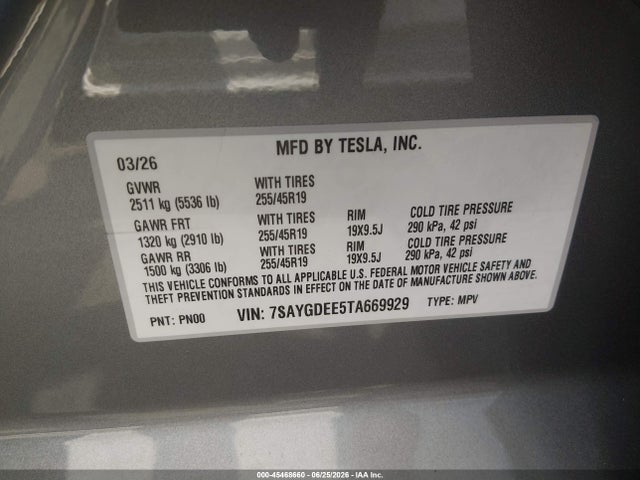 Aukcja sprzedaży 2026 Tesla Model Y All-wheel Drive/long Range Launch Series/premium All-wheel Drive, vin: 7SAYGDEE5TA669929, numer aukcji: 45468660