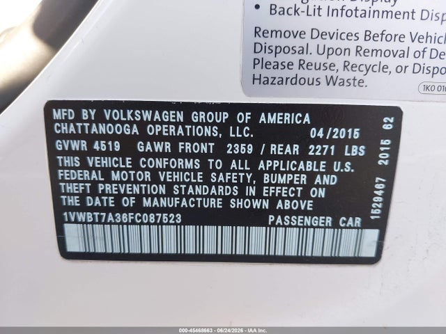 1VWBT7A36FC087523 Volkswagen Passat 1.8t Se