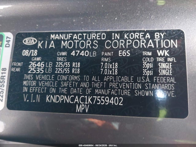 Aukcja sprzedaży 2019 Kia Sportage Ex, vin: KNDPNCAC1K7559402, numer aukcji: 45468684