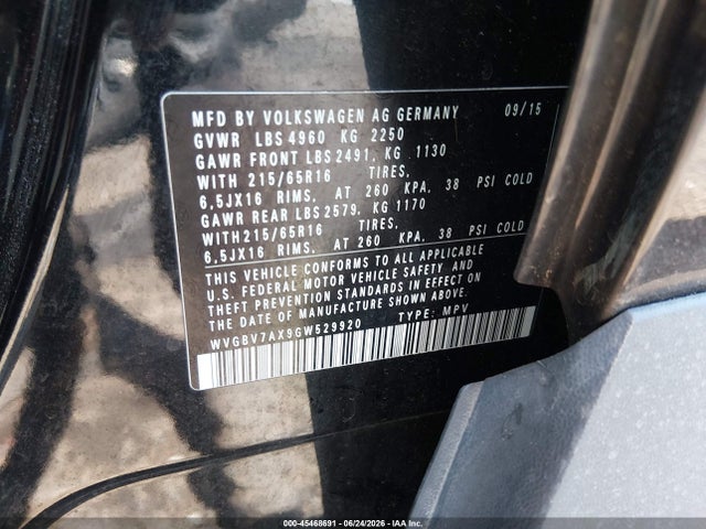Продаж на аукціоні авто 2016 Volkswagen Tiguan S, vin: WVGBV7AX9GW529920, номер лоту: 45468691