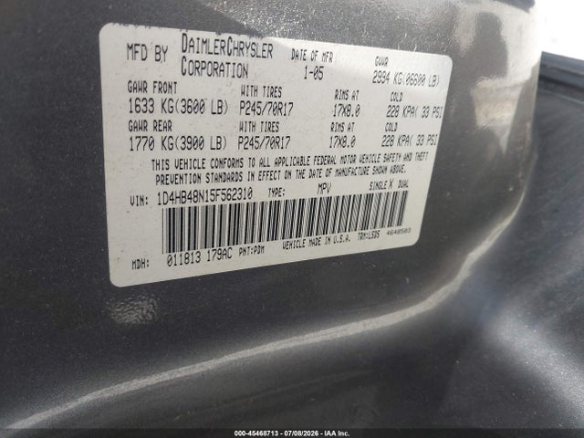 45468713 :رقم المزاد ، 1D4HB48N15F562310 vin ، 2005 Dodge Durango Slt مزاد بيع