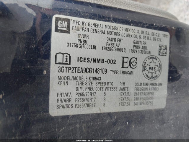 45468736 :رقم المزاد ، 3GTP2TEA9CG148109 vin ، 2012 Gmc Sierra 1500 Work Truck مزاد بيع