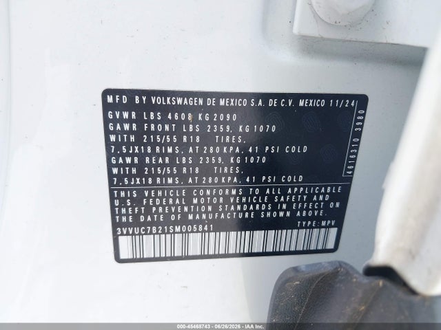 2025 Volkswagen Taos 1.5t Se მანქანა იყიდება აუქციონზე, vin: 3VVUC7B21SM005841, აუქციონის ნომერი: 45468743
