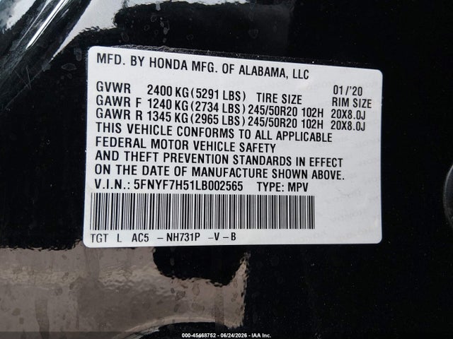 5FNYF7H51LB002565 Honda Passport 2wd Ex-l
