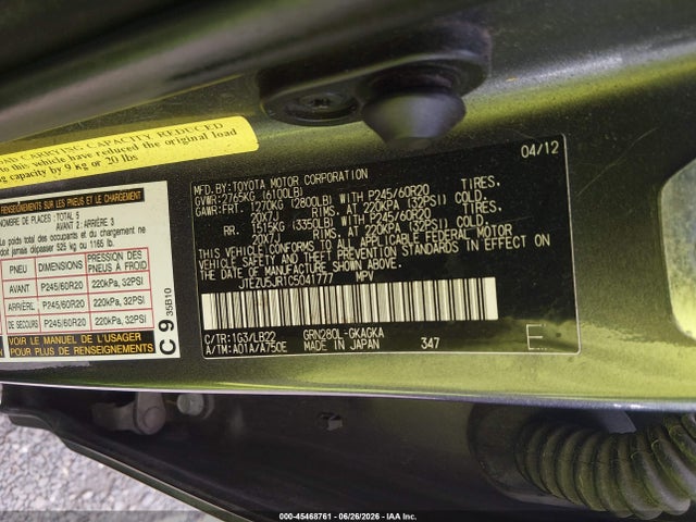 45468761 :رقم المزاد ، JTEZU5JR1C5041777 vin ، 2012 Toyota 4runner Limited مزاد بيع