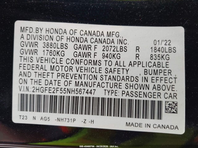 2HGFE2F55NH567447 Honda Civic Sport