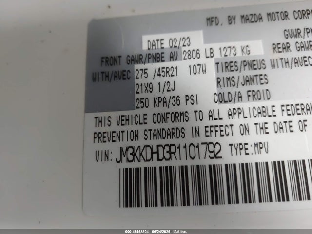 45468804 :رقم المزاد ، JM3KKDHD3R1101792 vin ، 2024 Mazda Cx-90 3.3 Turbo Premium مزاد بيع