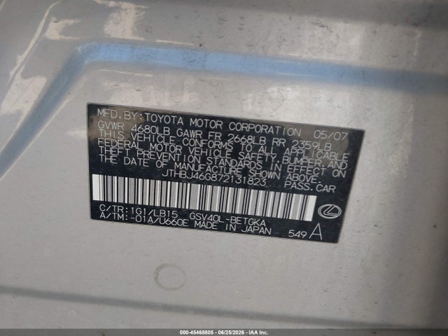 45468805 :رقم المزاد ، JTHBJ46G872131823 vin ، 2007 Lexus Es 350 مزاد بيع
