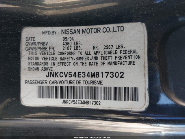 45468818 :رقم المزاد ، JNKCV54E34M817302 vin ، 2004 Infiniti G35 مزاد بيع